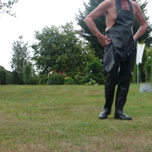 Rubber apron and rubber waders, ready for splashing about, male or female