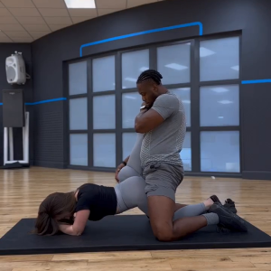 Your big-ass girlfriend spends her time with the gym trainer like this